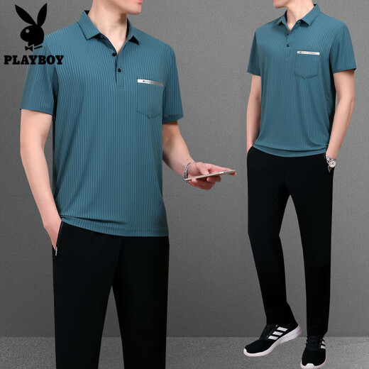 Ropa de verano de Playboy (Playboy Outdoor), camiseta de manga corta de seda masculina de mediana edad y anciana para hombres de manga corta para hombres para hombres, traje de carrera casual del delgado Día del Padre 753 Military Green 2xl sugiere 140Jin [Jin equivale a 0.5 kg] --- 160Jin [Jin equivale a 0.5 kg] thirt + pantalones