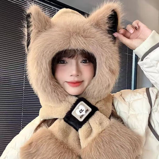 Hat Women's New Autumn and Winter Scarf One-piece Hat Cute Furry Cycling Thickening Warm Protection Love Two-piece Set-Beige One Size