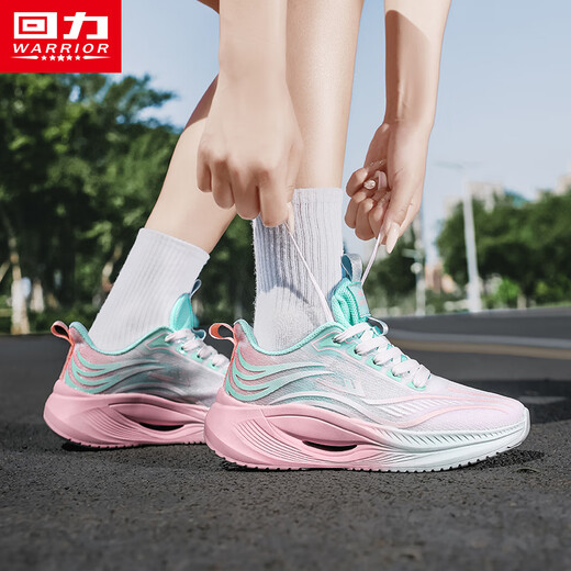 回力女鞋运动鞋2025新款夏季透气网面鞋厚底百搭休闲鞋软底减震跑步鞋 白绿粉 37 (235mm)