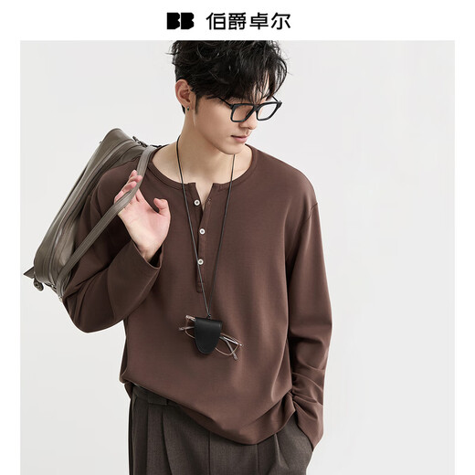 Earl Zall Henry Collar Long Sleeve T-Shirt Men's Simple Commuting Versatile T-shirt 2025 Autumn New T531373 Moon Night Black M (170)