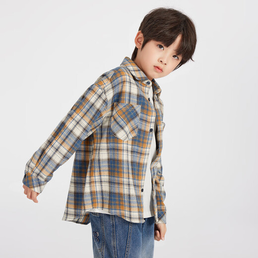 Duojia Green Blues Boys' Shirts 2025 Spring Season Children's Thin Jackets Medium and Large Children's Soft Waxy Cotton Shirts Blue Check 110