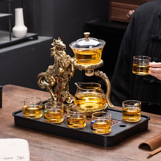 Lazy automatic tea maker tea set household kung fu magnetic high-end tea making artifact glass teapot tall golden horse automatic tea maker + tea preparation + male cup