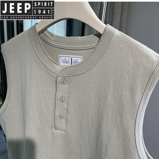 JEEP SPIRIT Henry collar tough guy style vest American heavyweight cotton washed sleeveless waistcoat T-shirt men's fitness sports undershirt beige green 2XL 170-190Jin Jin equals 0.5 kg