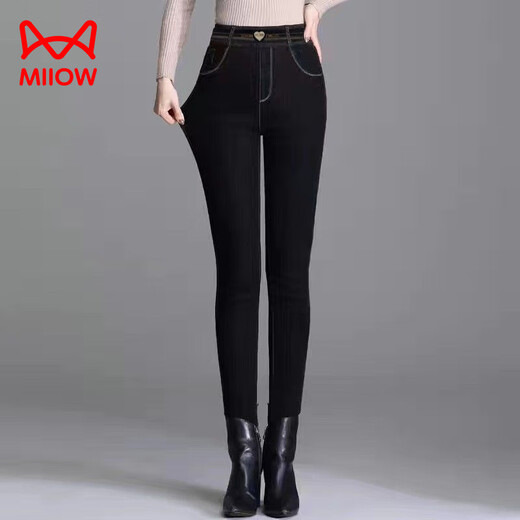 MiiOW high-waist silk, silk cotton trousers and velvet jeans for women 2025 new winter thickened and warm outer wear to show slimming feet black denim/strip/strip sheep lining Height 158-169 cm 2XL Weight 125-135