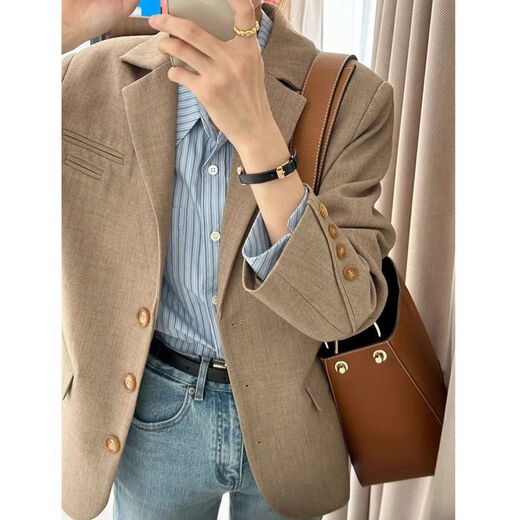 Lomon Maillard milk coffee color suit jacket for women spring and autumn Internet celebrity new autumn Korean style loose suit for small people milk coffee mixed camel M recommended 100-110Jin Jin equals 0.5 kg