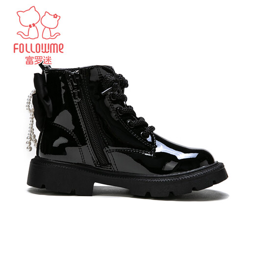 Fuluo Mi Girls Martin Boots Spring and Autumn Sweet and Fashionable Princess Boots Little Girls Versatile Black Short Leather Boots Shadow Black 35