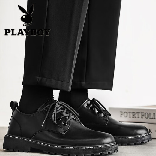 Playboy Autumn Business Leather Shoes Men's Formal Korean Style Trendy Breathable British Business Casual Shoes Thick Sole Round Toe Suit Trendy Shoes Black 1 41