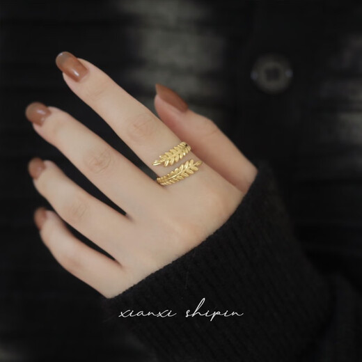 QUAMER European and American Wheat Ear Ring Women's Titanium Steel Plated 18K Gold Niche Design Opening Finely Adjustable Ring 2 Exaggerated Wheat Ear-Open Ring