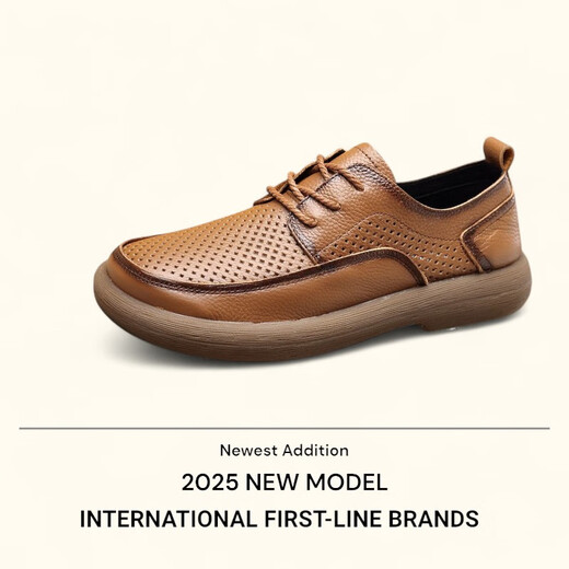 Lee Xiang International Light Luxury Brand Punched Breathable Outdoor Stroller Wear-resistant Beef Tendon Sole Hollow Men's Casual Leather Shoes Genuine Brown Leather Shoes (Single-layer Cowhide) 44