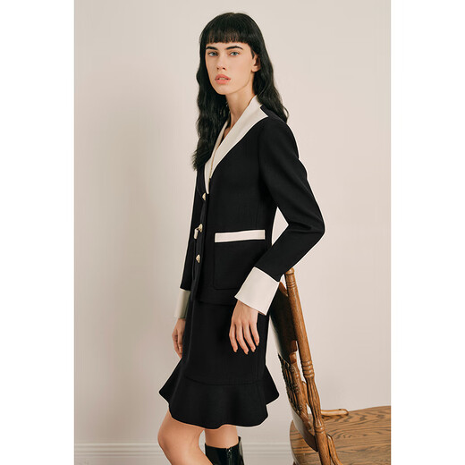 OBBLIGATO Autumn and Winter Shoulder Contrast Color Sheep Wool Suit Jacket Jacket Black M