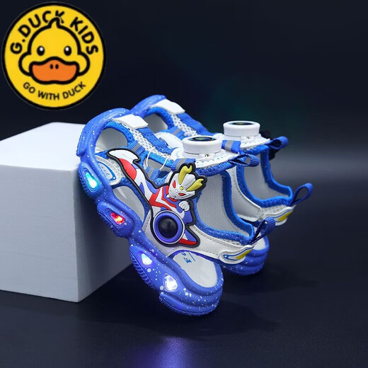 G.duck little yellow duck non-slip soft bottom children's Ultraman lighted toe sandals summer boys rotating button children's sandals black beach shoes size 22 inner length 14cm