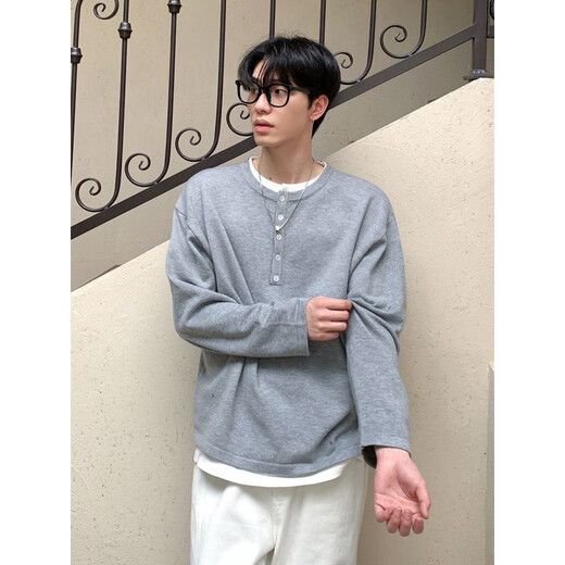 XUANSENTU fake two-piece henley sweatshirt men's autumn loose lazy style long-sleeved T-shirt American retro inner layering shirt glutinous beige upgraded model M
