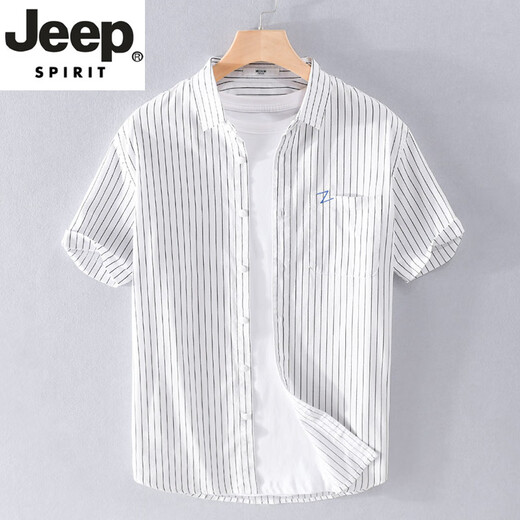 JEEP SPIRIT high-end men's pure cotton short-sleeved shirt Japanese casual summer thin striped shirt new trend splicing top 9740 white M