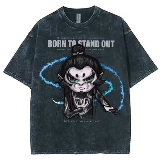 嵘虎 美式高街短袖T恤男生夏季卡通动漫水洗做旧港风潮牌潮流半袖体恤 T673黑色 XL