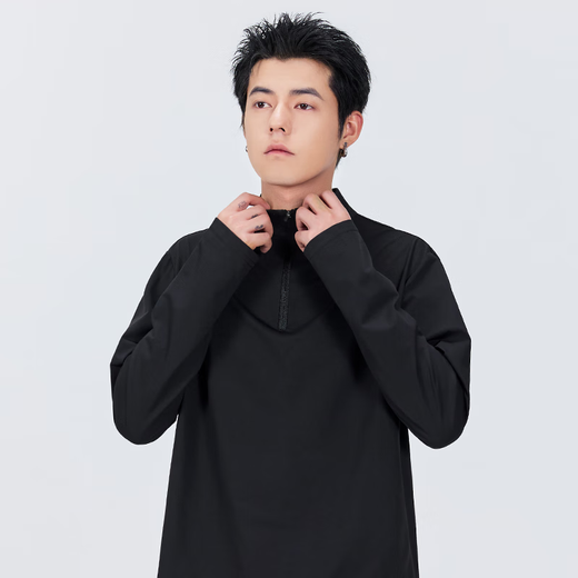 MINISO quick-drying T-shirt men's spring and autumn new long-sleeved bottoming shirt half-zip stand-up collar sports outdoor running sun protection cycling jersey black (return seal body chest logo) M /170 (upgraded technology to absorb moisture and dry quickly)
