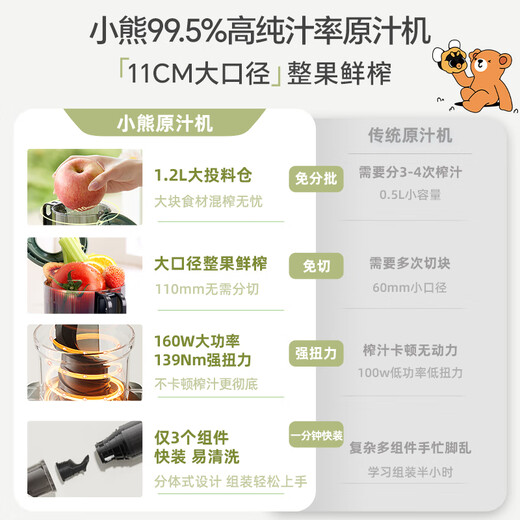 Bear Juicer Original Juicer Residue Juice Separator Multifunctional Household Fully Automatic Cold Pressed Fried Juice Fruit and Vegetable Machine 110mm Caliber F02E3 National Subsidy