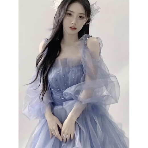 Rich-collared high-end French evening dress female performance costume vocal music and art examination long skirt princess style skirt student birthday host student blue M