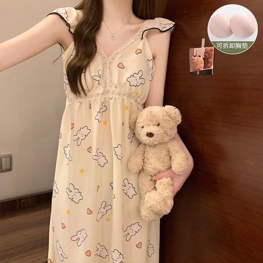 莫代尔睡衣带胸垫女夏季2025年新款睡裙纯棉公主吊带花边蕾丝性感中长裙 YZQ_9906#吊带裙兔子(带胸垫) M