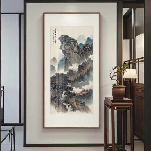 Xuanmutang entrance decorative painting New Chinese style ink landscape painting hanging painting study living room tea room corridor aisle entrance landscape painting Zhang Daqian <Landscape Tune> Finished product width 70cm * height 140cm Indonesian Sapele (mortise and tenon rounded corners)