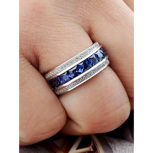 Fat Donglai's same tanzanite ring sapphire men's single row of diamond imitation 925 silver platinum-plated diamond ring trendy men's spot narrow version blue 24-25-26-27-28 others