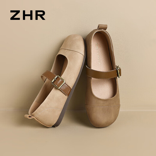 ZHR single shoes for women retro round toe flat bottom Birkenstock Mary Jane women's shoes versatile soft leather shoes for women JF152 apricot 37