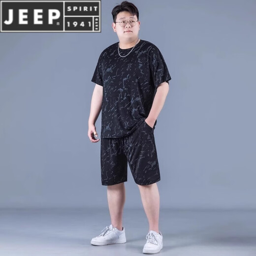 JEEP SPIRIT ice silk sports suit men's summer large size thin style men's quick-drying five-point pants fat plus fat plus loose short sleeves PZ829 black high-quality ice silk suit XL recommended 130-140Jin [Jin equals 0.5 kg]
