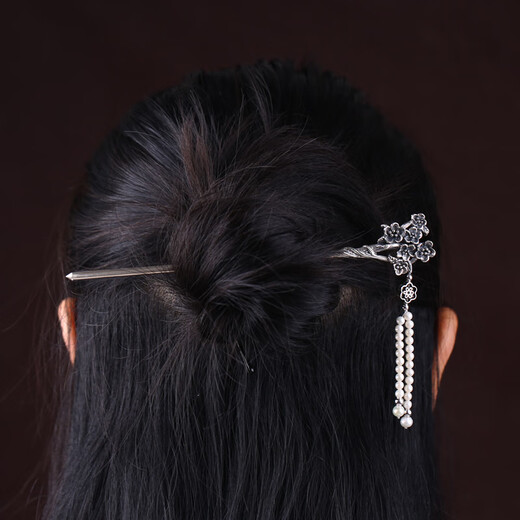 Fu Tiaoer's original handmade 925 silver plum blossom tassel design hairpin for women, ancient style hairpin, elegant updo hair cheongsam headdress gift 1