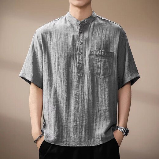 Chaotianshi high-end Chinese antique style retro linen short-sleeved shirt men's summer thin old money style Henry collar casual shirt gray XL 145-160Jin Jin equals 0.5 kg