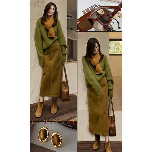 BMOI winter pear-shaped body outfit set for women Korean loose slimming knitted sweater and skirt two-piece set knitted sweater + skirt two-piece set L recommended 100-120 Jin Jin equals 0.5 kg