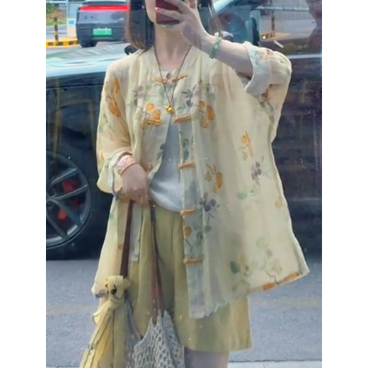 Rindu cotton and linen suit for women high-end linen Chinese style shorts suit for women 2025 summer thin high-end linen 9761 light yellow top + 9667 yellow pants [small M [recommended 100 Jin [Jin equals 0.5 kg] below]
