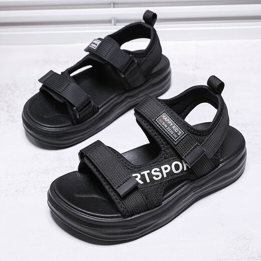 Boys Sandals 2025 Summer New Hollow Children's Beach Shoes Soft Sole Non-Slip Handsome Middle and Large Children Open Toe Sandals HBL2507/Black Size 38 Standard Size