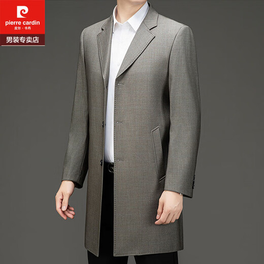Pierre Cardin high-end men's windbreaker autumn and winter mid-length knee-length wool coat middle-aged and elderly dad business coat men's gray plaid mid-length 2XL 185