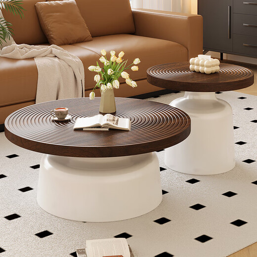 MIHUAI round coffee table for living room and home 2025 new modern simple light luxury small apartment light luxury carbon steel small coffee table combination coffee table 50+70 black background walnut color tabletop*