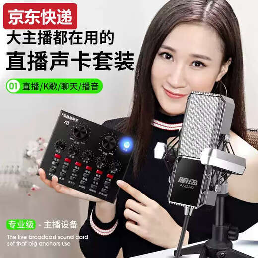 He Jiangong 2025V8 Sound Card Set Internet Celebrity Live Broadcast Sound Card Full Set Mobile Song Computer General Equipment Kuaishou V8 Sound Card + Square Microphone + Fill Light + Cantilever