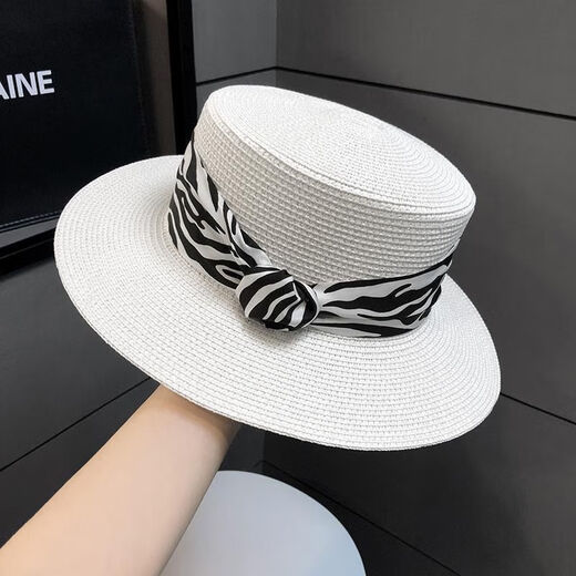 Tuzun Flat Top Hat Summer French Straw Hat Retro Zebra Sun New Hat Outdoor Vacation Sun Visor Hat 5cm brim light brown light brown black belt Recommended head circumference 56-58cm