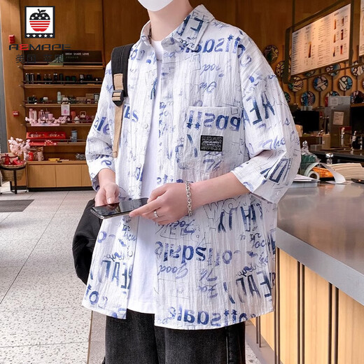 AEMAPE pure cotton seven-quarter sleeve breathable shirt men summer plaid short-sleeved shirt jacket men teenager handsome Hong Kong style top DX1873 white XL about 130-150Jin [Jin equals 0.5 kg] can be worn