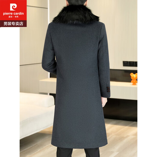 Pierre Cardin autumn and winter men's extended length knee-length woolen coat jacket trendy business men's thickened fur collar woolen windbreaker black XL