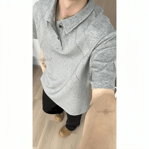 Lingka Qi air layer deconstructed splicing Henry collar short-sleeved men's T-shirt summer American trendy brand cleanfit heavyweight polo shirt black polo collar heavyweight style XL (ready in stock)