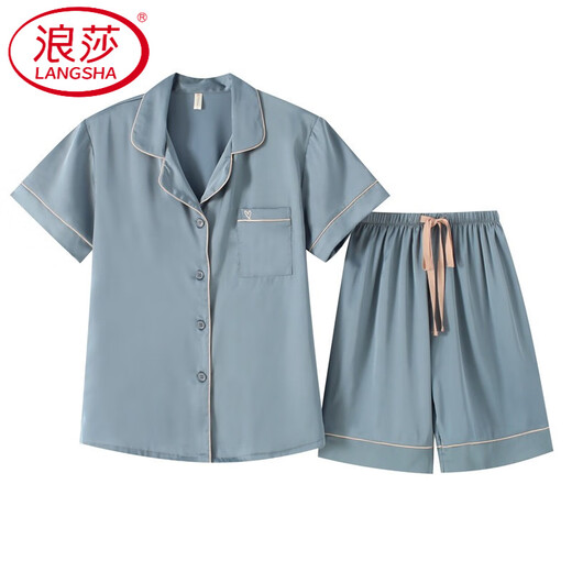 浪莎（LangSha）轻奢短袖短裤睡衣女式冰感新款夏天色真丝绸套装薄款休闲家居服 3899松绿 M (体重85到99)