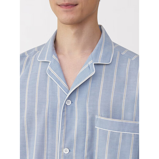 MUJI men's side seamless double layer gauze pajamas home clothes Saxony blue stripes 5A L