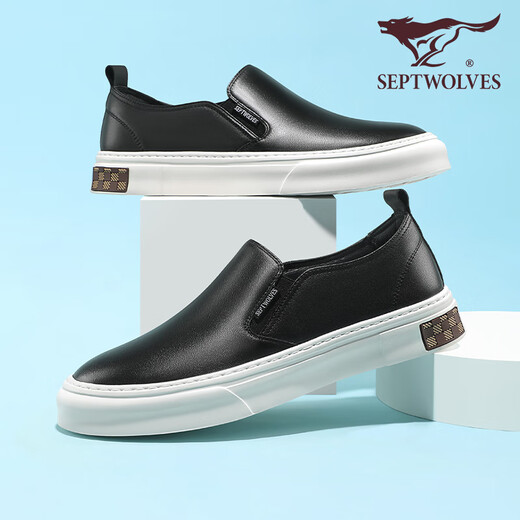 Septwolves Herrenschuhe Sommer Neue lässige Lederschuhe Leichte atmungsaktive Beanie-Schuhe Echtes Leder Boardschuhe mit dicken Sohlen Pendeln First-Layer-Rindslederschuhe Schwarz 9859 43