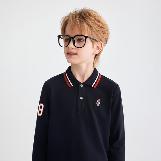 Hush Puppies children's clothing children's boys autumn new t-shirt simple classic casual versatile digital long-sleeved polo shirt navy blue 170 cm