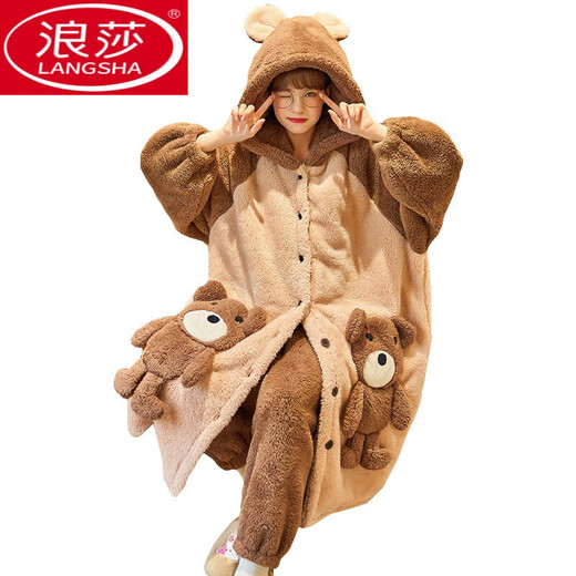 浪莎（LangSha）睡衣女秋冬珊瑚绒加厚加绒长款可爱小熊睡袍连帽法兰绒家居服套装 SSM-9196 M【80-100斤】