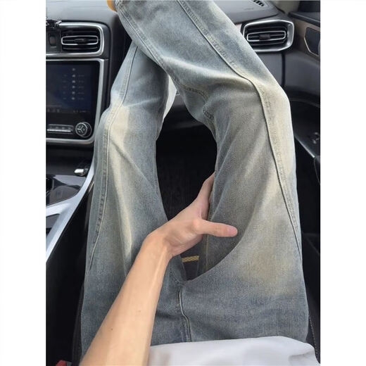 Jufeng retro blue bias-cut bootcut jeans for men, American high street vibe pants that show leg length, slim fit, straight pants, nostalgic blue L (suitable for 115-130 Jin Jin equals 0.5 kg)