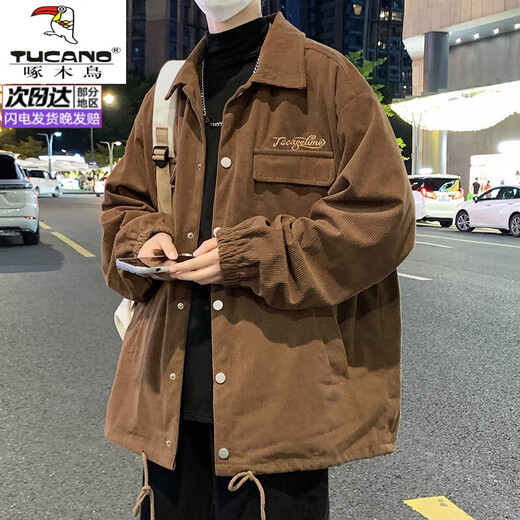 Woodpecker (TUCANO) large size lapel jacket for men spring and autumn 2025 new loose fat men's American trendy brand handsome casual jacket 2362 coffee 3XL recommended 195Jin Jin is equal to 0.5kg -220Jin Jin is equal to 0.5kg
