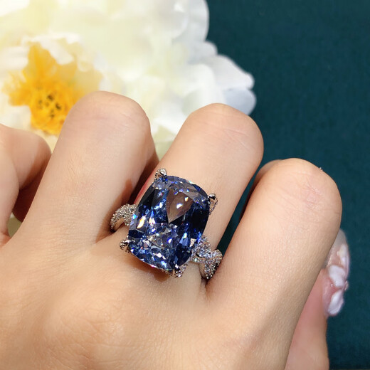 Xidian fashion light luxury large carat ice flower cut Paraiba ring inlaid with high carbon diamond Tanzanite blue fat baguette diamond ring for women Paraiba ring opening adjustable