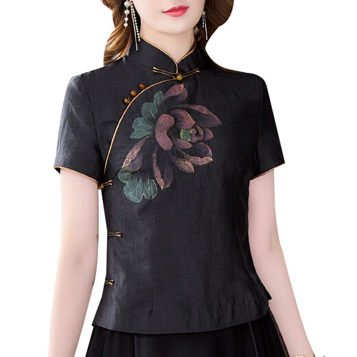 YUSENYI T-shirt Cloud de parfum de soie haut de gamme pour femmes chinois Cracked Cheongsam pour les femmes 2023 Nouvelle mère d'été courte 9923 [Les perles de poitrine noires sont noires à une taille xl