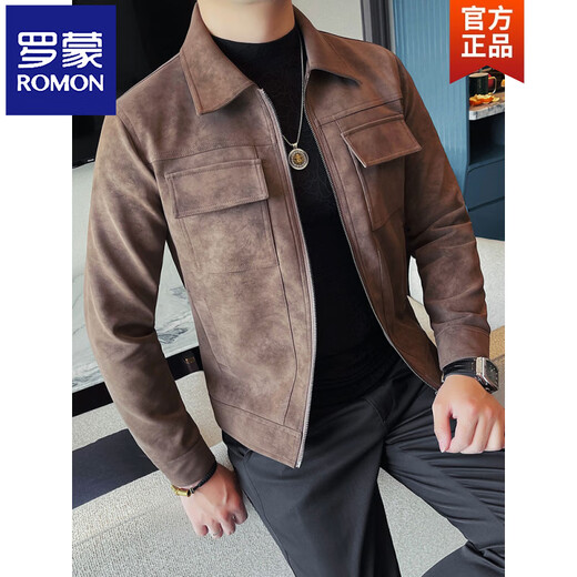 ROMON nubuck leather men's jacket autumn 2026 new fashion trend lapel short double pocket motorcycle top coffee color 2XL (140-155Jin Jin equals 0.5kg)
