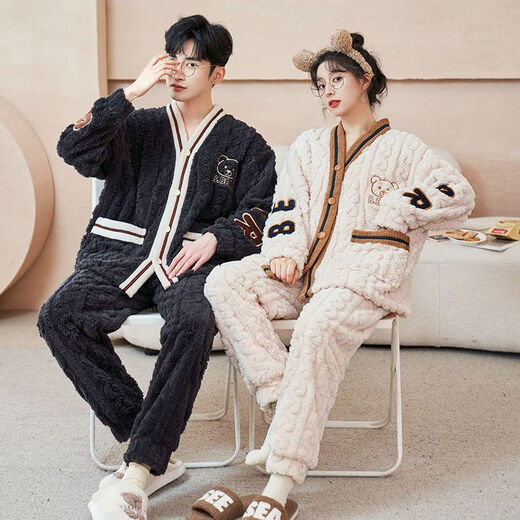 Woodpecker winter coral velvet pajamas for couples, plus velvet and thickened home clothes for men and women, flannel warm and wearable suit QGL806 L, women get men's L, two sets of price