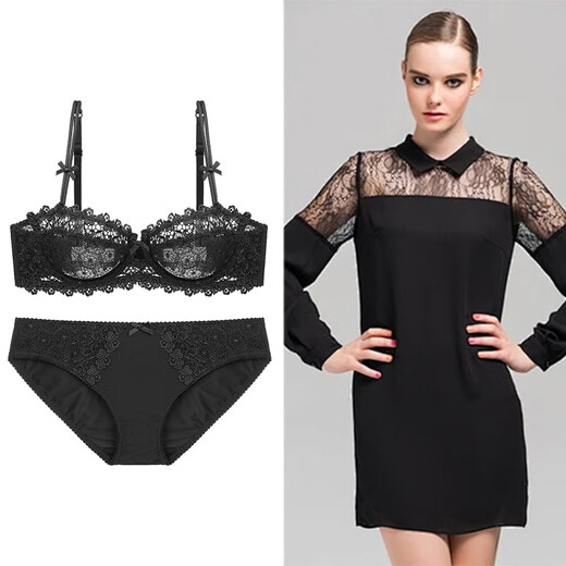 Victoria Palace sexy bra set, ultra-thin translucent half-cup lace bra, small breast push-up anti-sagging large size bra, wine red 70A/32 with S size panties